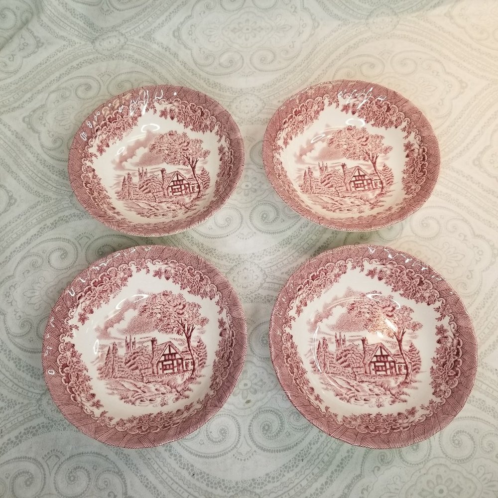 Unused Churchill China "The Brook Pink" 4 Coupe Cereal Bowls Made in Columbia